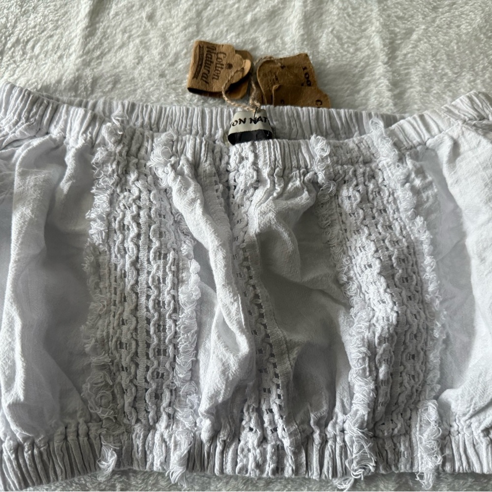 New Natural Cotton Lola Flare Off Shoulder Top High Waisted Shorts White Outfit - Picture 4 of 14